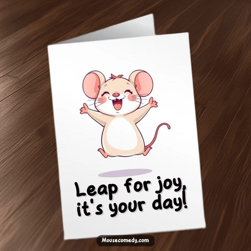 Funny Free Printable Birthday Card: Joyful mouse mid-air leap, paws up, pure celebration, perfect for a giggle.