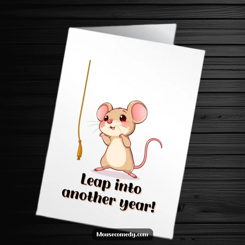 Funny free printable birthday card showing a mouse joyfully leaping towards a dangling string, full of playful energy.