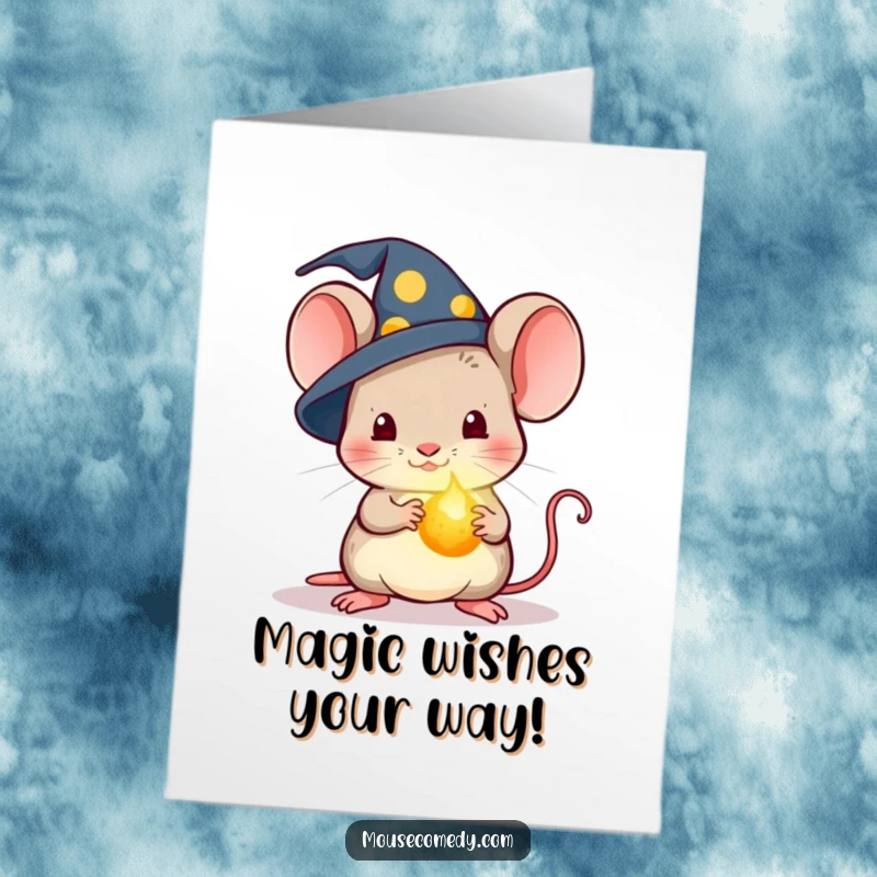 Funny Free Printable Birthday Card: Kawaii mouse wearing a tiny wizard hat, holding a glowing crumb, casting birthday spells.