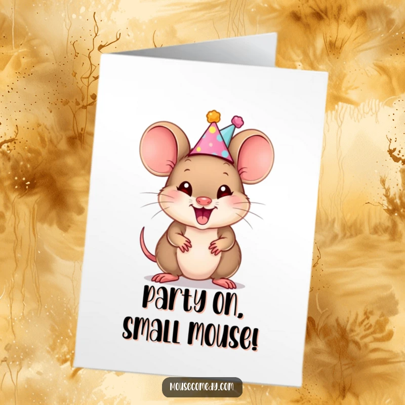 Funny Free Printable Birthday Card: A smiling mouse cub wears a tiny party hat, squeaking with birthday excitement. Joyful downloadable art.