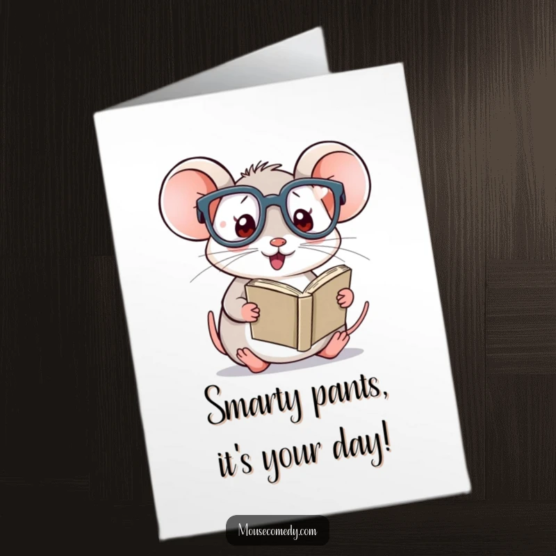 Funny Free Printable Birthday Card: Kawaii mouse with giant glasses engrossed in a tiny book, radiating nerdy charm.