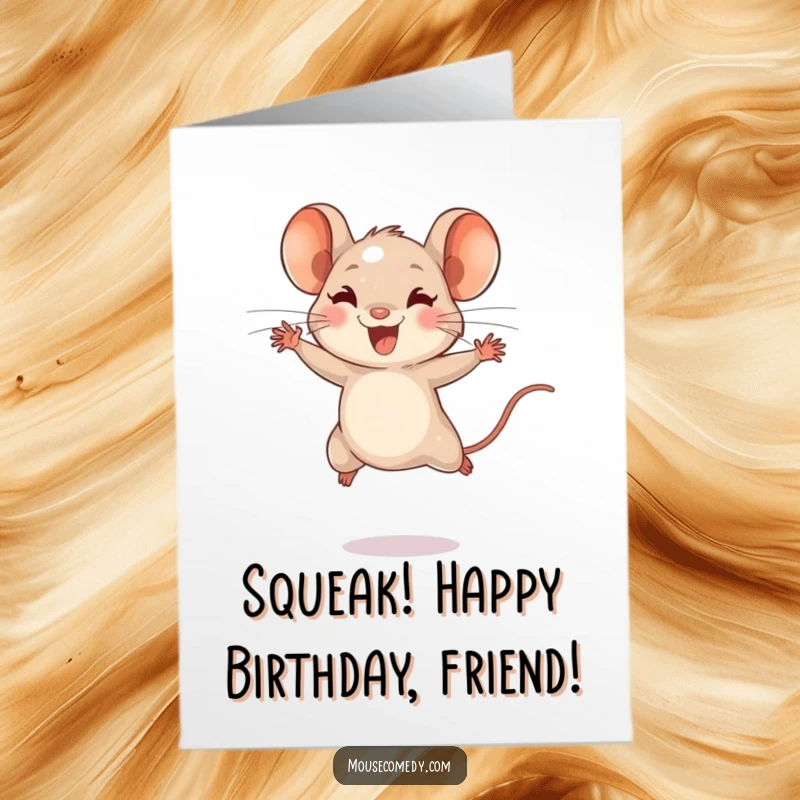 Funny Free Printable Birthday Card: A tiny mouse with energetic bounds, leaping joyfully with birthday excitement.