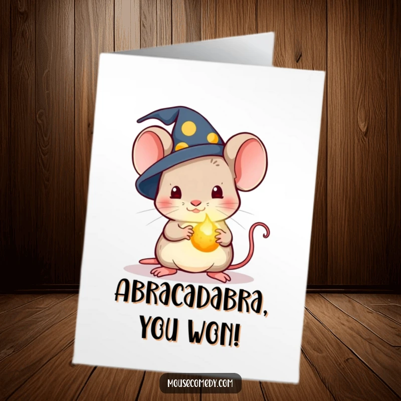 Funny Free Printable Congrats Card: Kawaii mouse wearing a tiny wizard hat, holding a glowing crumb, celebrating a magical accomplishment.