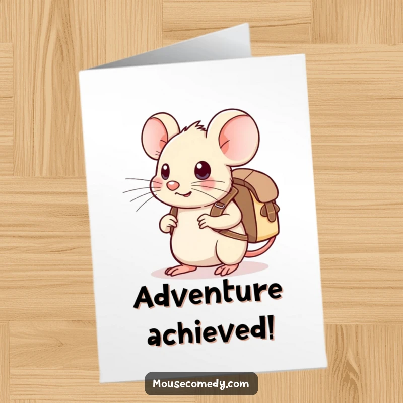 Whimsical free printable congratulations card of a kawaii mouse wearing a small backpack, poised for a grand adventure.