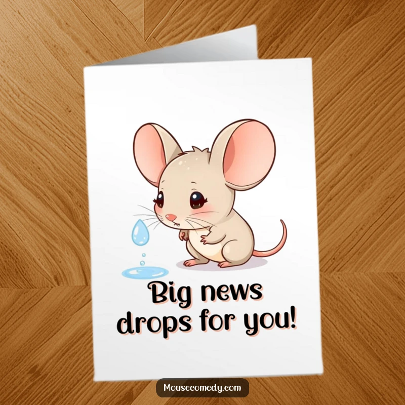 Funny Free Printable Congratulations Card: A little mouse with big ears curiously observing a falling raindrop, celebrating success.