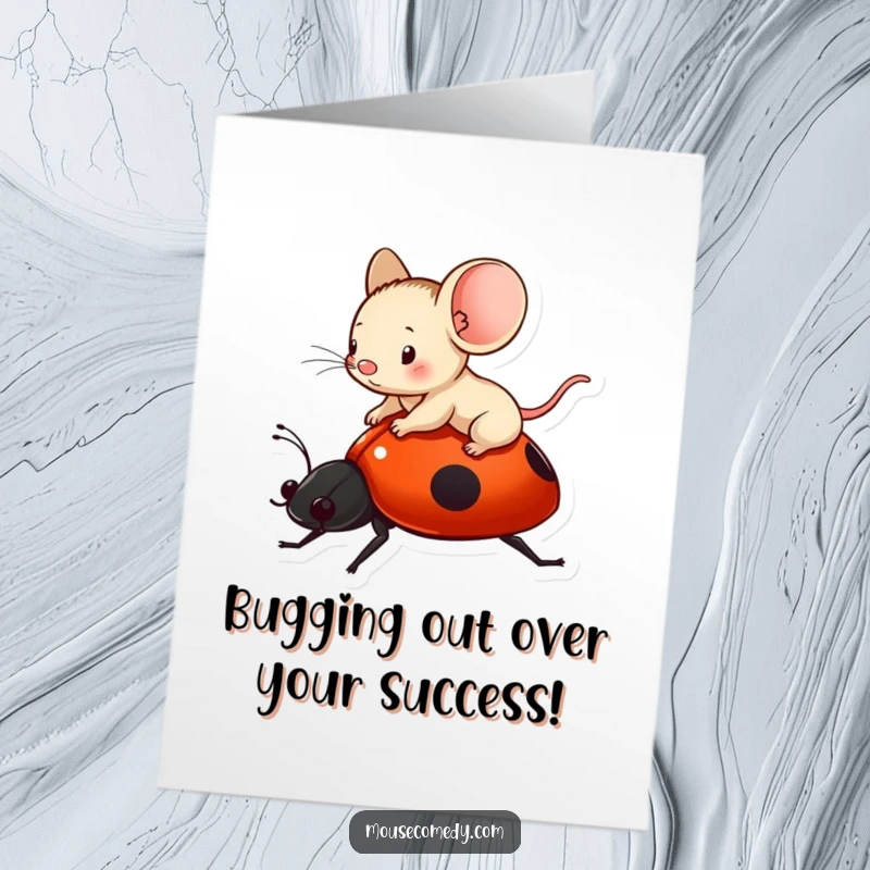 Funny Free Printable Congratulations Card: A tiny mouse happily perched on a ladybug, flying towards success.