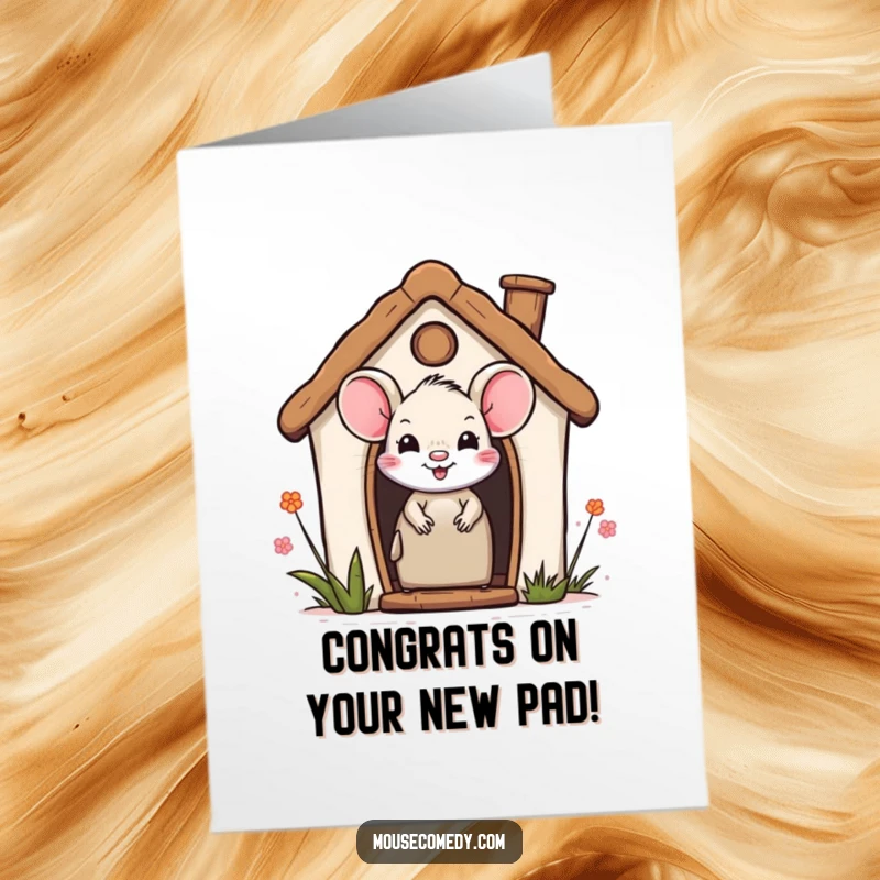Funny Free Printable Congratulations Card: A happy mouse peeking out from its tiny house, celebrating a great success.