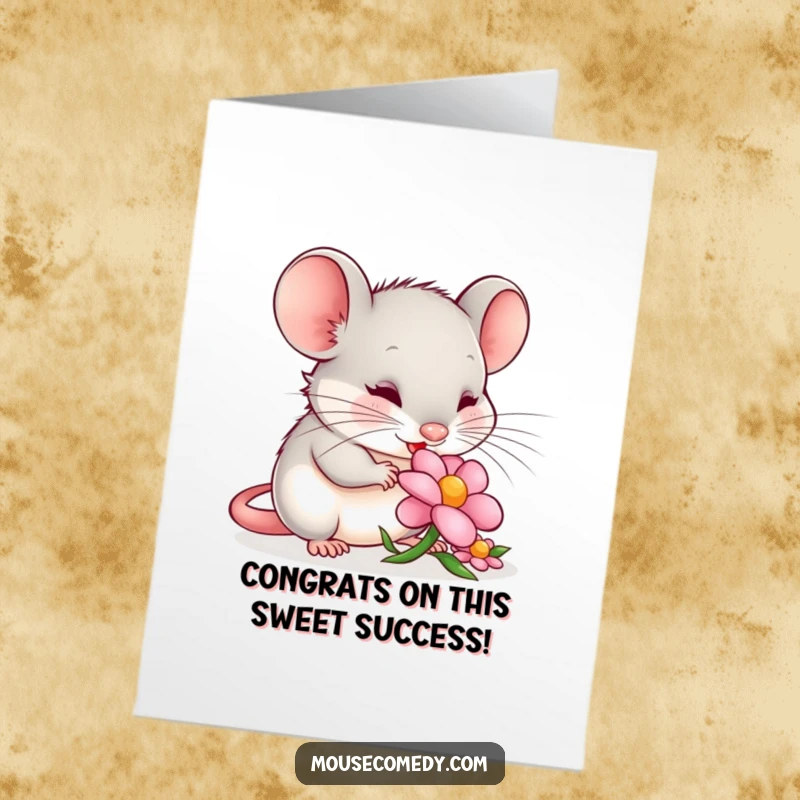 Funny Free Printable Congratulations Card: Content mouse peacefully nibbling a tiny flower petal, representing sweet success.