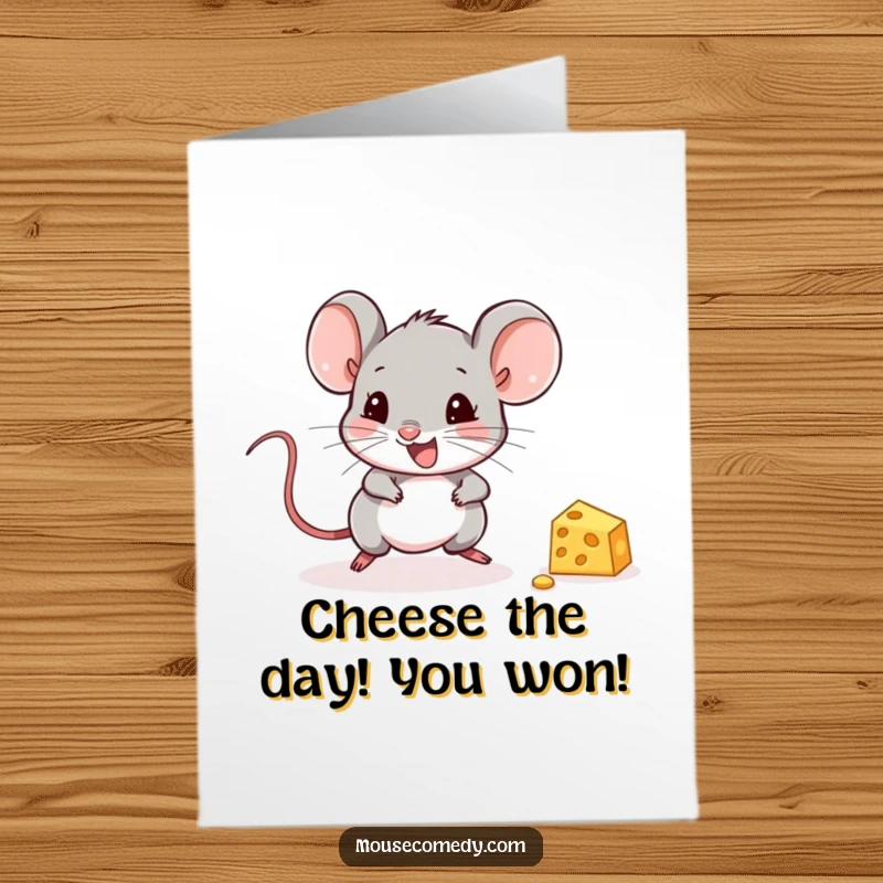 Funny Free Printable Congratulations Card: Excited mouse dashes towards a small piece of cheese, celebrating success.