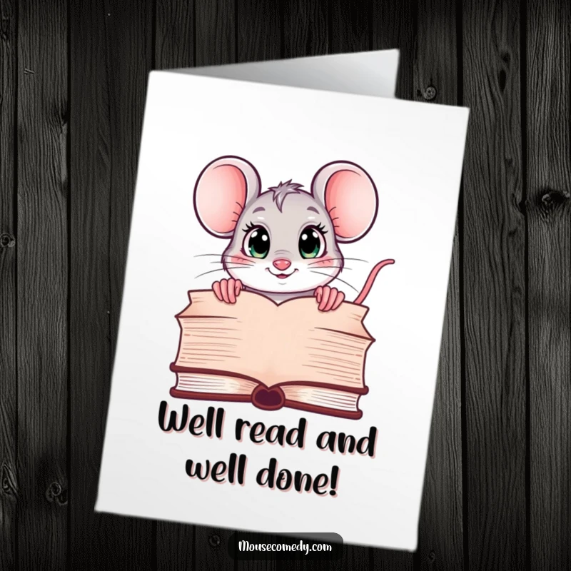 Funny Free Printable Congratulations Card: Inquisitive kawaii mouse with curious eyes peeking over a big book.