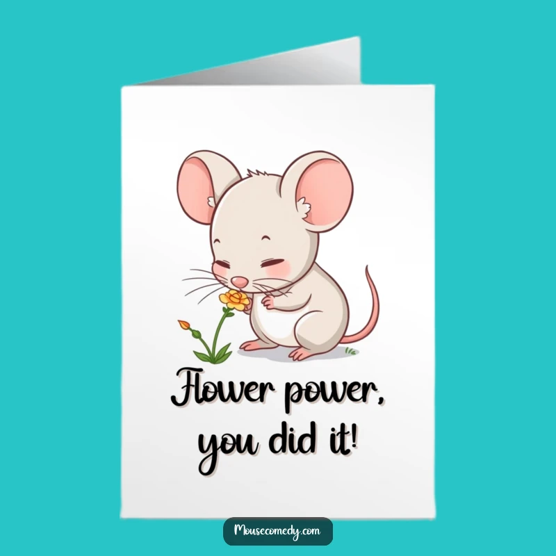 Free Printable Congrats Card: Cute Mouse Flower Sniffing Downloadable Gift