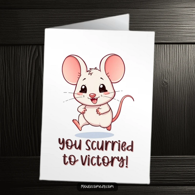Funny Free Printable Congratulations Card: Cute kawaii mouse with big ears running fast to deliver congrats.