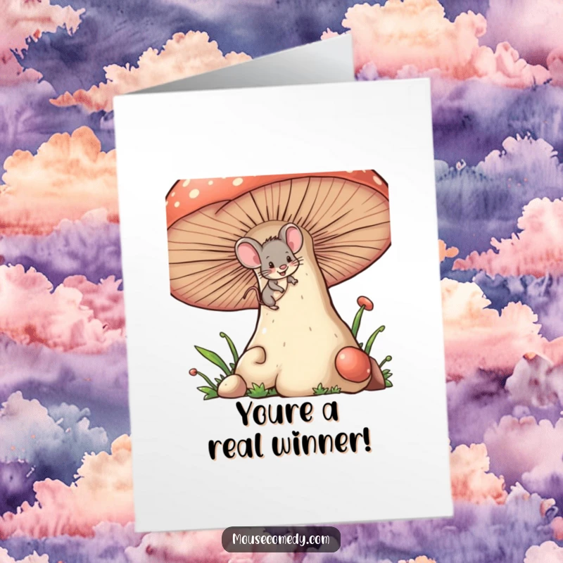 Funny Free Printable Congratulations Card: Tiny mouse with a mischievous wink climbing a giant mushroom, reaching new heights.