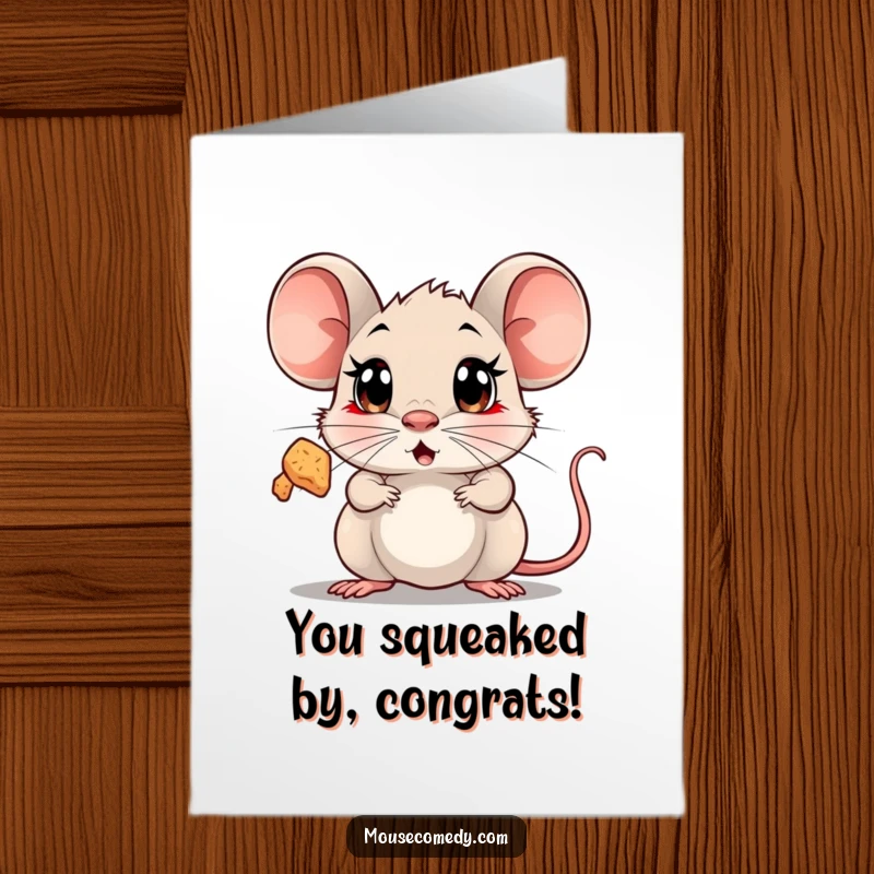 Funny Free Printable Congratulations Card: A mouse with wide eyes staring in wonder at a floating, sparkling crumb. Tiny treasure.