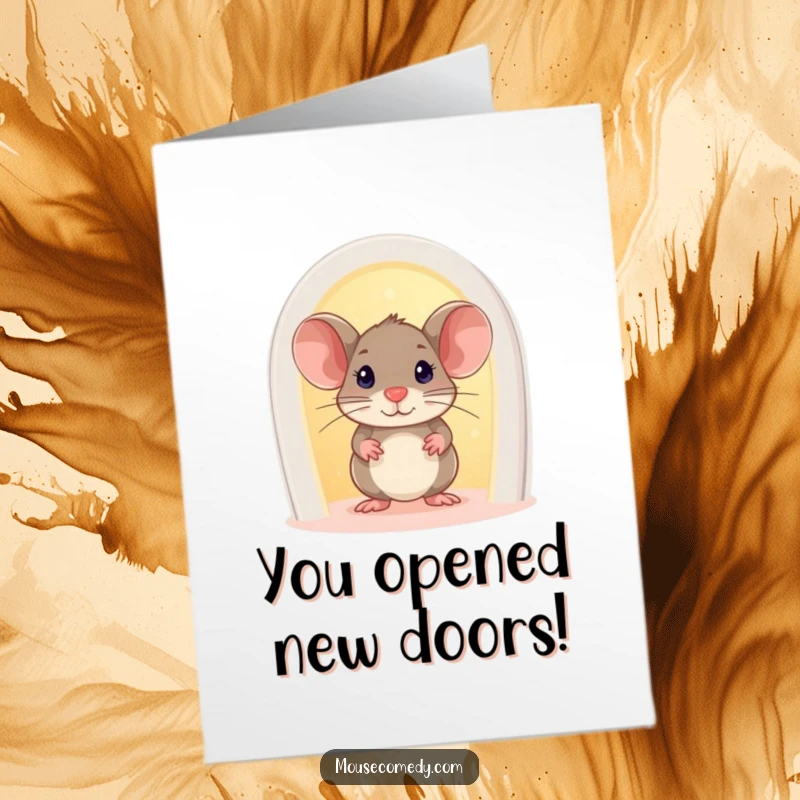 Funny free printable congratulations card: a curious mouse emerges from a tiny, glowing doorway, signaling new opportunities.