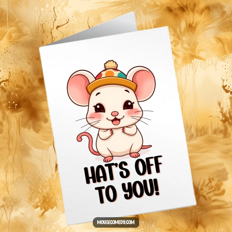 Joyful free printable congratulations card of a kawaii mouse sporting a comical, oversized hat with a pleased expression.