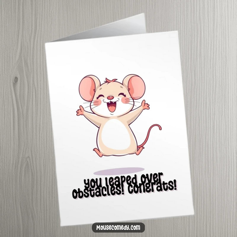 Funny Free Printable Congratulations Card: Joyful mouse leaping with excitement, paws in the air, celebrating success.
