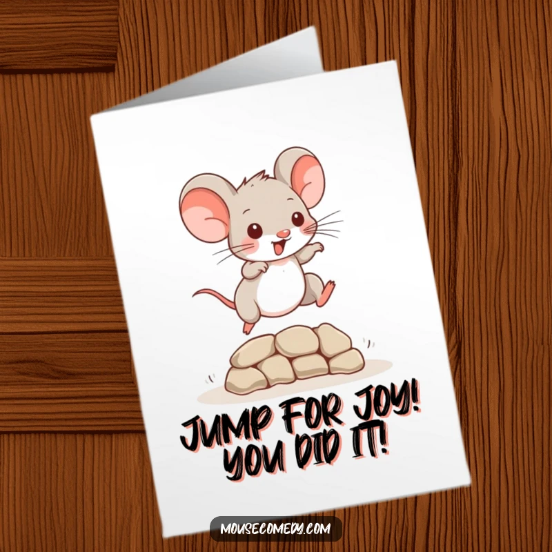 Funny Free Printable Congratulations Card: A mouse leaps bravely over a tiny obstacle, signifying overcoming challenges.