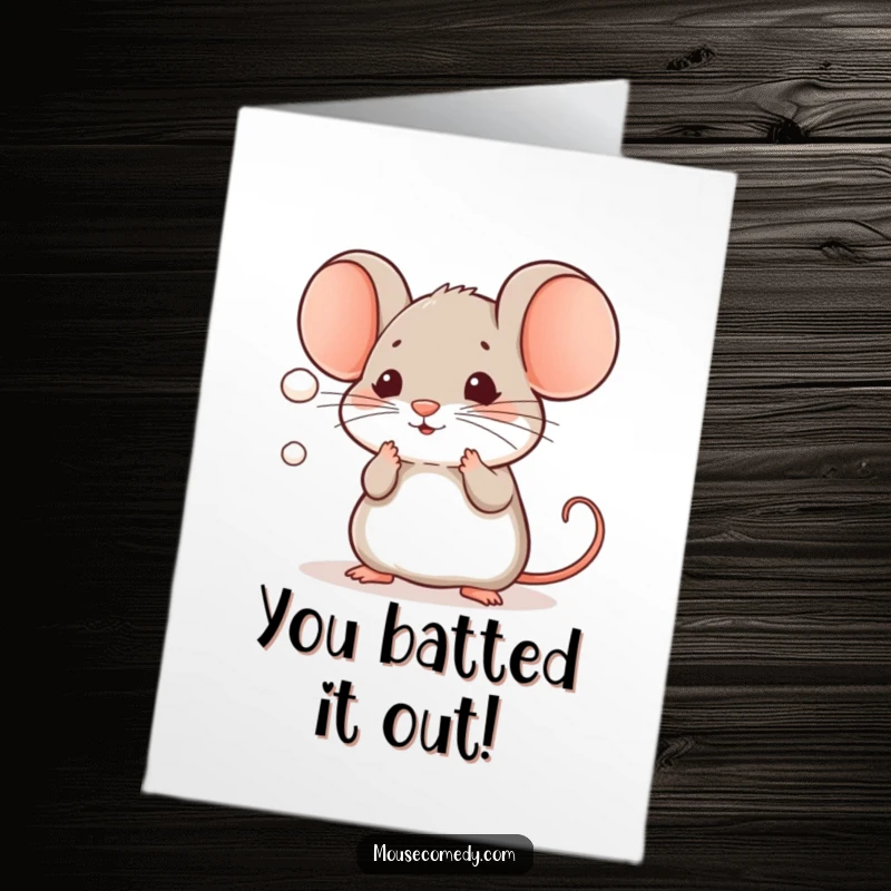 Amusing free printable congratulations card of a kawaii mouse focused on playfully batting at a single, tiny dust mote.