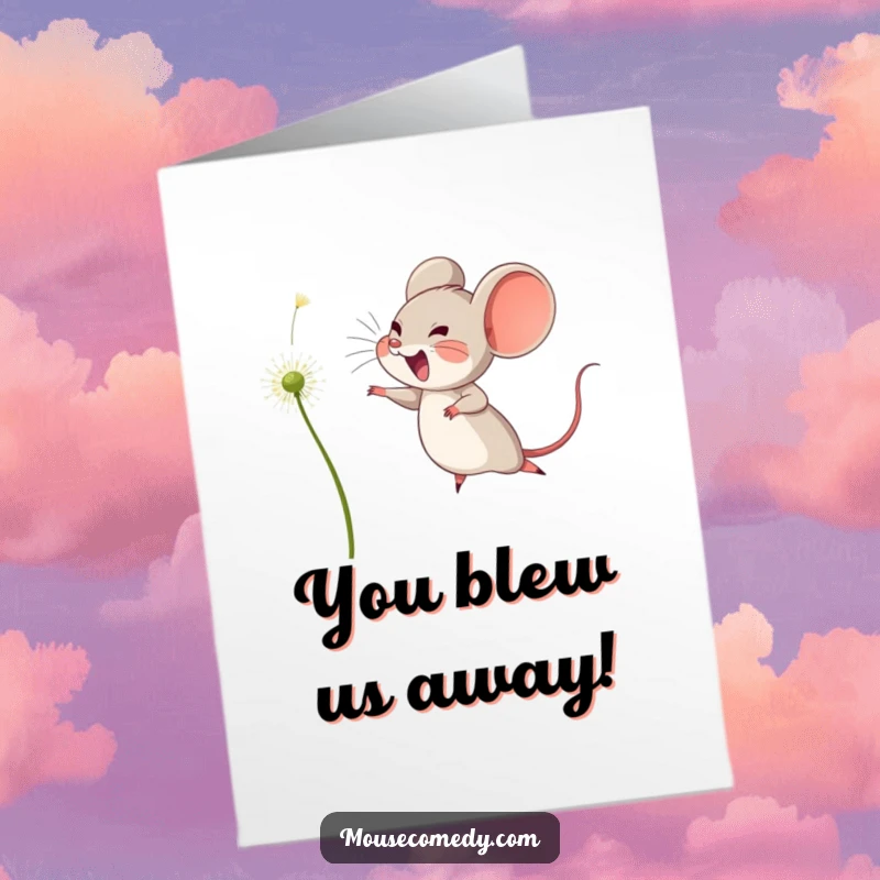 Funny Free Printable Congratulations Card: A joyful mouse leaping enthusiastically to catch a floating dandelion seed, celebrating success.