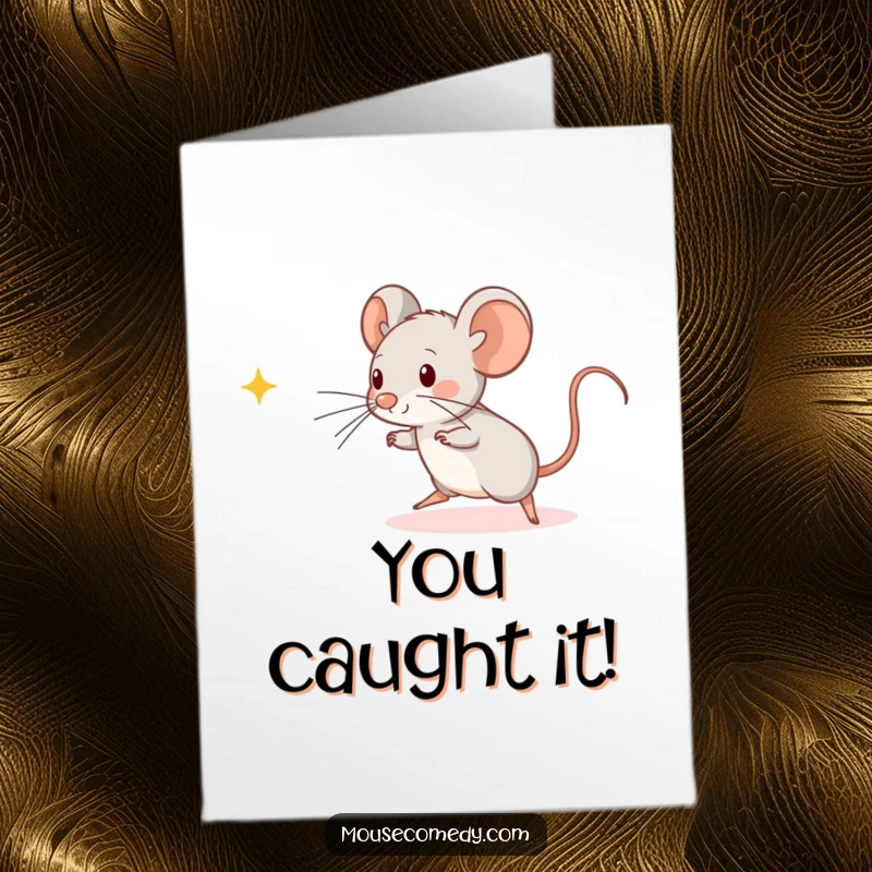 Amusing free printable congratulations card featuring a kawaii mouse in mid-leap, playfully pursuing a sunbeam.