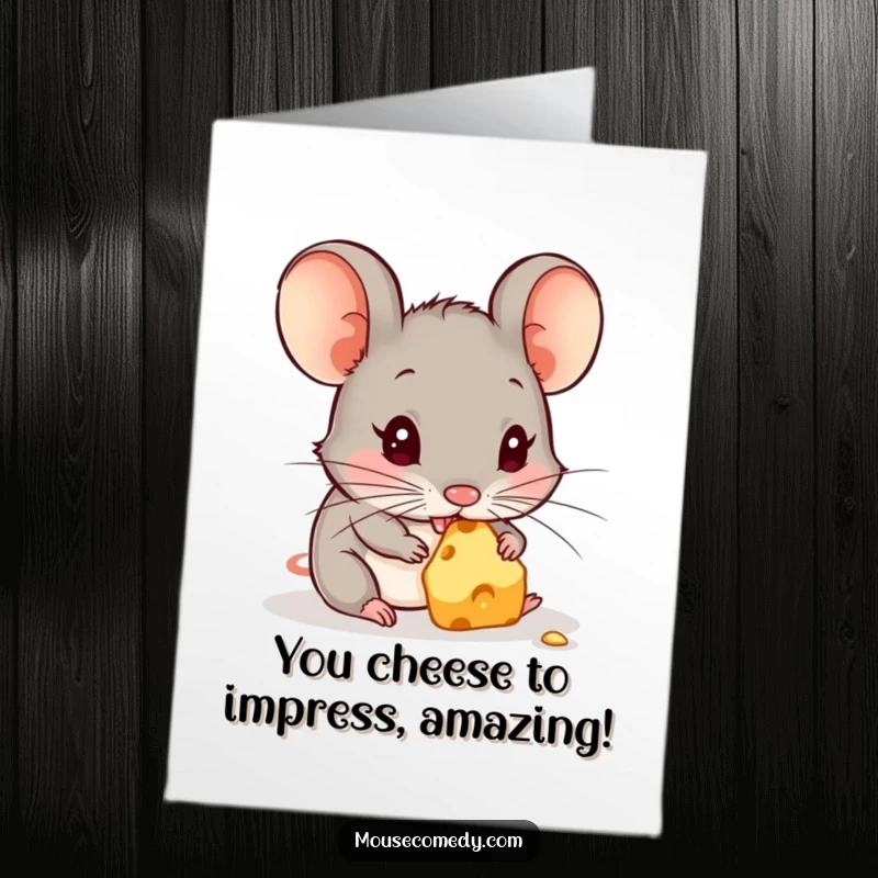 Funny Free Printable Congratulations Card: A cheerful mouse enjoying a delicious piece of cheese, celebrating success.