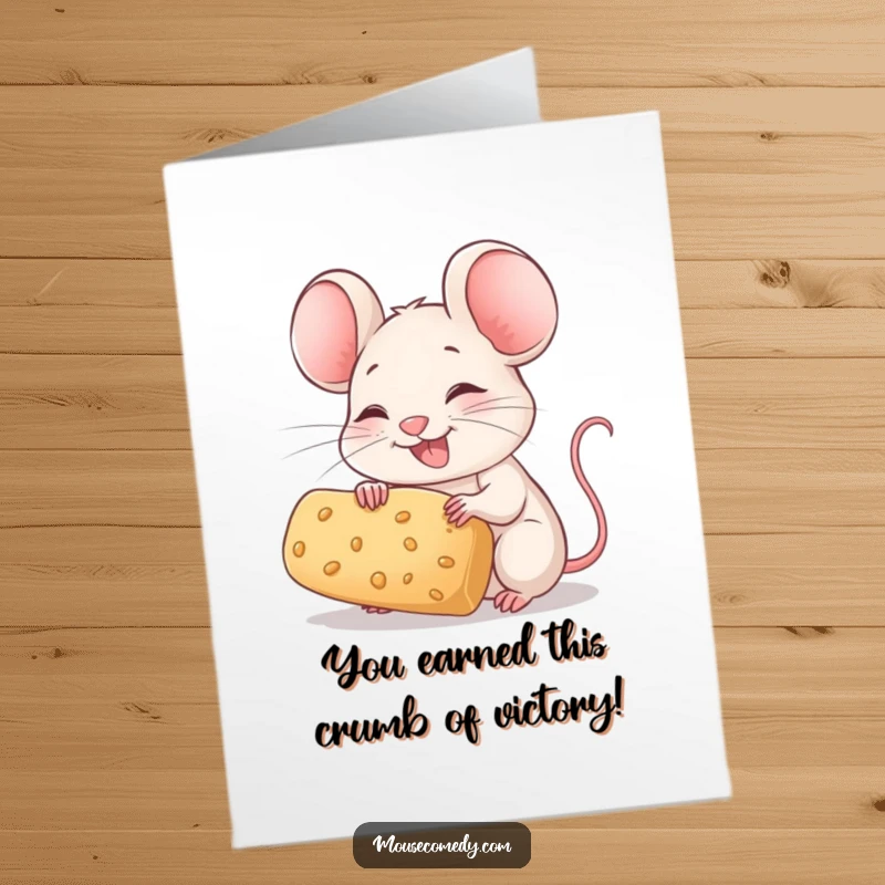 Funny Free Printable Congratulations Card: A joyful mouse clutches a large crumb, celebrating a great achievement.