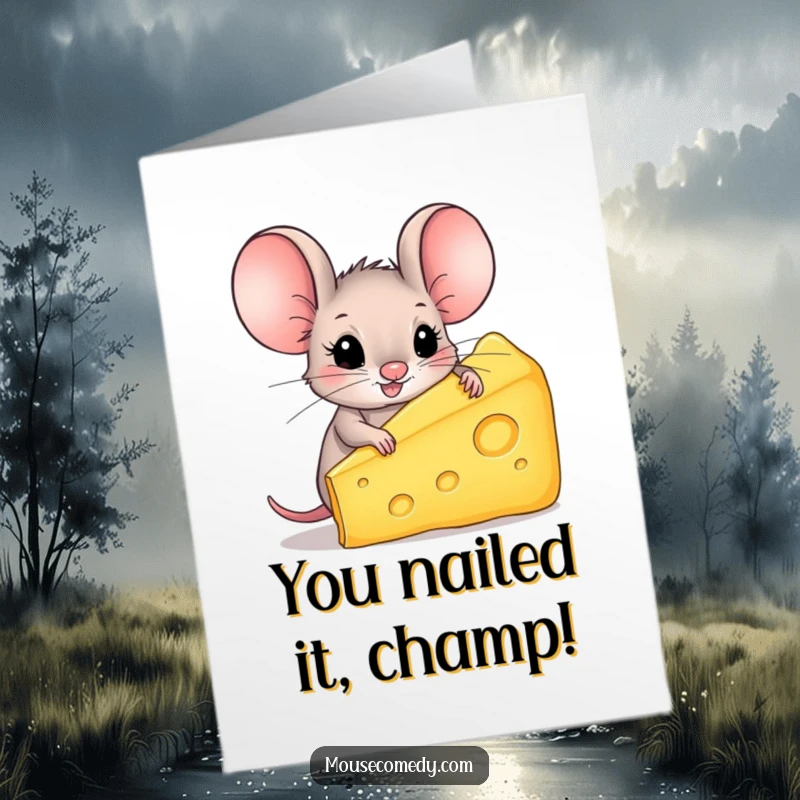 Funny free printable congratulations card: a tiny mouse with giant ears happily clutches a massive wedge of cheese.