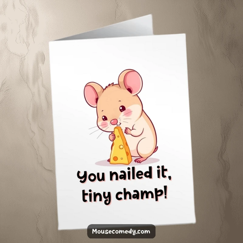 Funny Free Printable congratulations card showing a determined kawaii mouse balancing a small cheese piece on its nose.