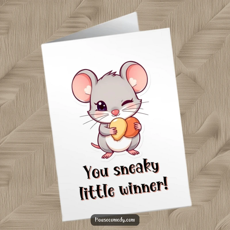 Funny free printable congratulations card: A mouse with a mischievous glint is hiding a tiny treat, celebrating a secret win.