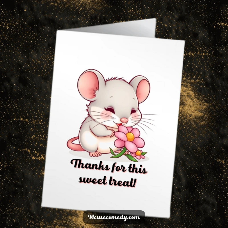 Funny Free Printable Thank You Card: Content mouse enjoying a tiny flower petal, a sweet gesture of thanks.
