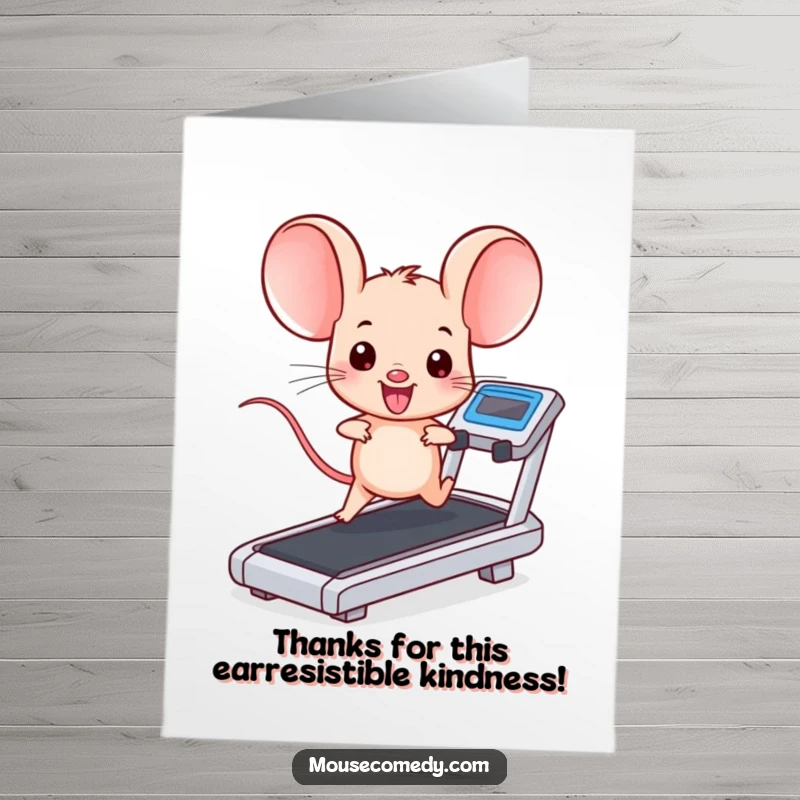 Funny free printable thank you card featuring a kawaii mouse with oversized ears running on a treadmill, expressing thanks.