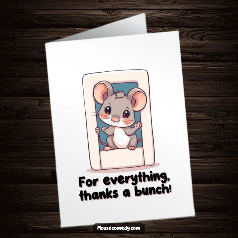 Funny Free Printable Thank You Card: Curious mouse peeking from a tiny door, expressing gratitude with a tilt of its head.