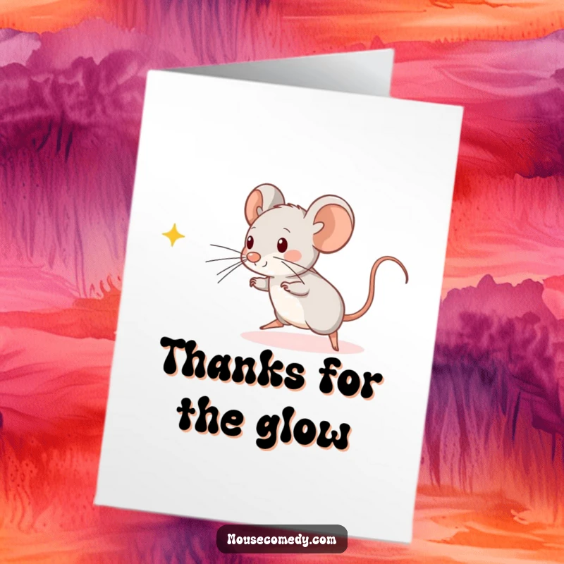 Sweet free printable thank you card showing a cute kawaii mouse gleefully chasing a playful ray of light.