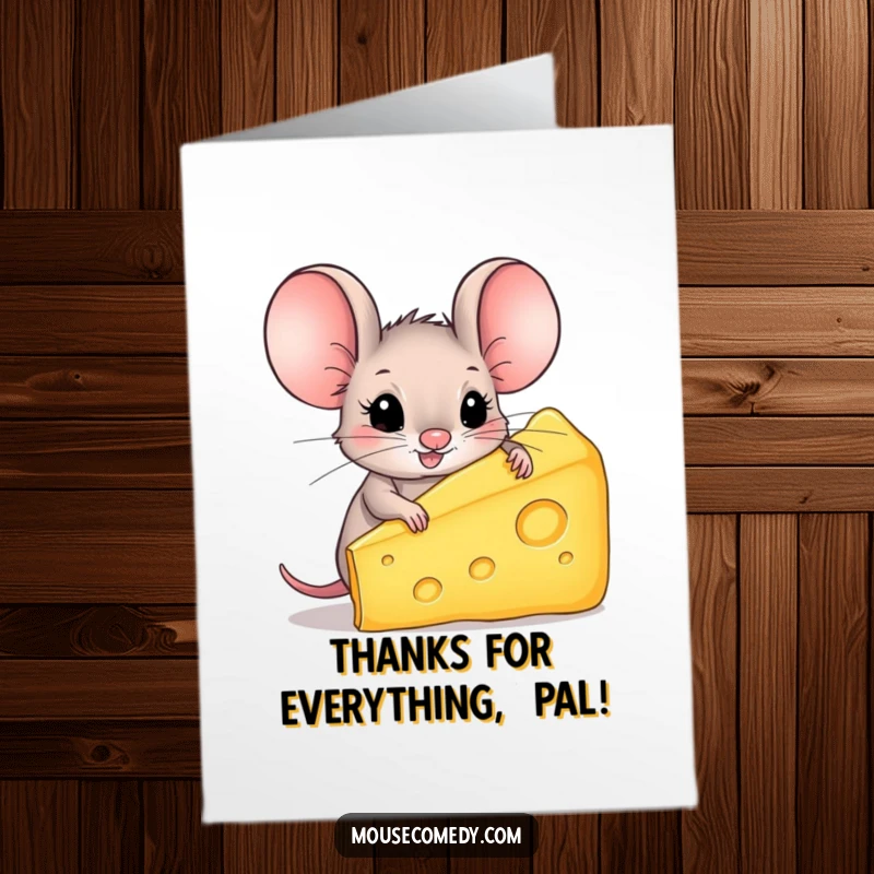 Funny free printable thank you card: a tiny mouse with enormous ears proudly displays a giant piece of cheese.