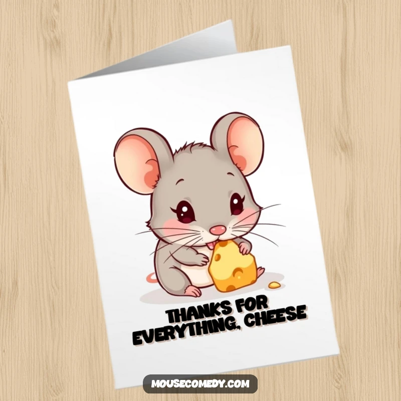Funny Free Printable Thank You Card: A delightful mouse happily munching on a small piece of cheese, full of thanks.