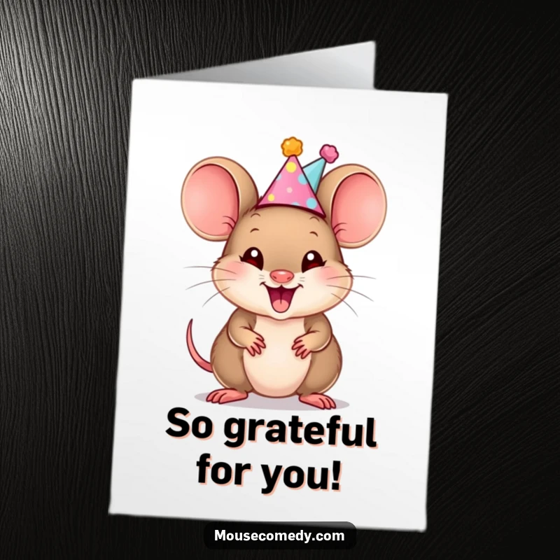 Funny Free Printable Thank You Card: A smiling mouse cub in a party hat expresses thanks with excitement. Sweet downloadable art.