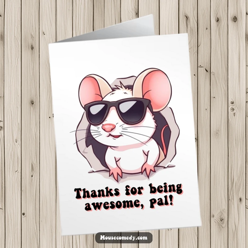 Funny Free Printable thank you card with a kawaii mouse wearing sunglasses, peeking slyly from a small hole.