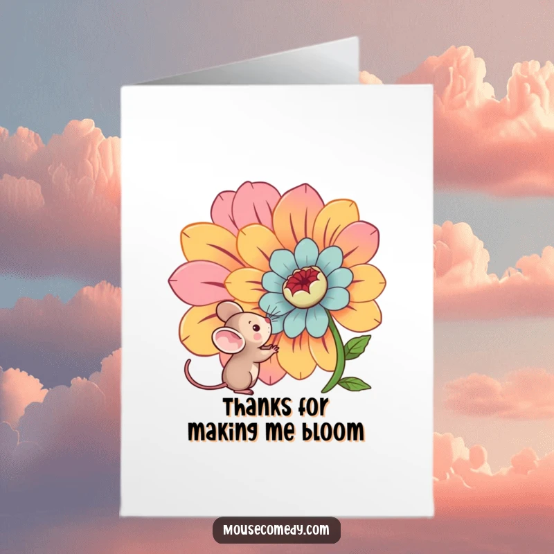 Funny free printable thank you card where a kawaii mouse inspects a giant, colorful flower, conveying thanks with charm.