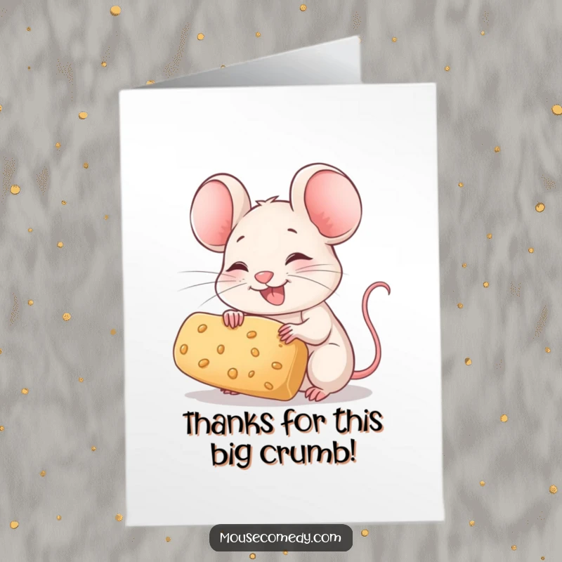 Funny Free Printable Thank You Card: A delighted mouse beams, holding a large crumb, saying thanks.