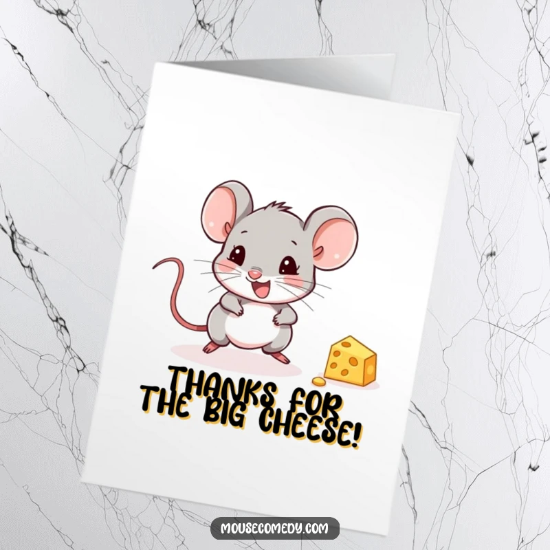 Funny Free Printable Thank You Card: A happy mouse rejoices over a tiny piece of cheese, expressing thanks.