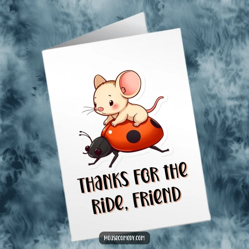 Funny Free Printable Thank You Card: A tiny mouse enjoying a ride on a ladybug's back, a sweet gesture.