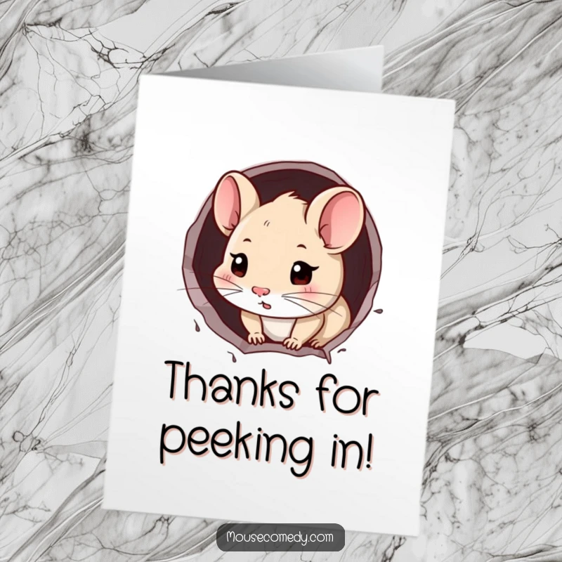 Funny Free Printable Thank You Card: A curious mouse peeks from a wall hole, sending thanks.