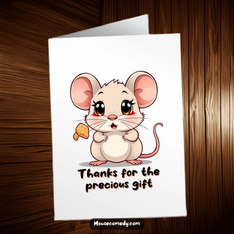 Funny Free Printable Thank You Card: A mouse with wide eyes looking in surprise at a floating, sparkling crumb. Grateful mouse art.