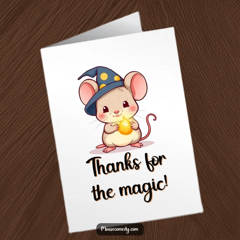 Funny Free Printable Thank You Card: Kawaii mouse wearing a tiny wizard hat, holding a glowing crumb, sending magical thanks.