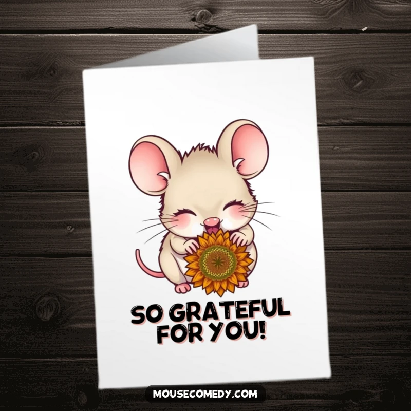Funny Free Printable Thank You Card: A delighted mouse with closed eyes nibbling on a sunflower seed, expressing thanks.