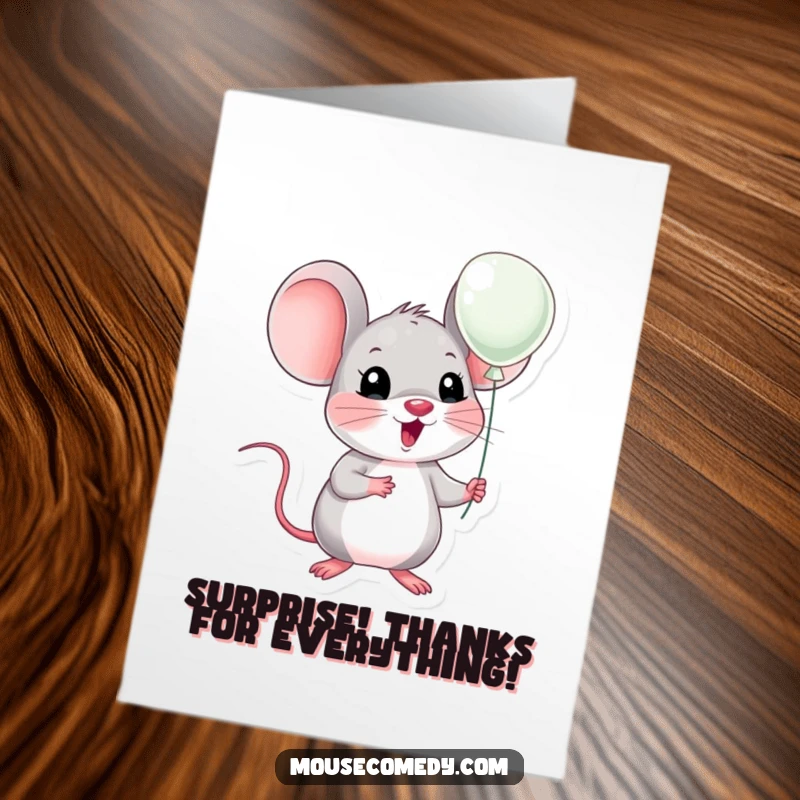 Funny free printable thank you card: a surprised kawaii mouse holds a minuscule balloon, expressing gratitude with wide eyes.