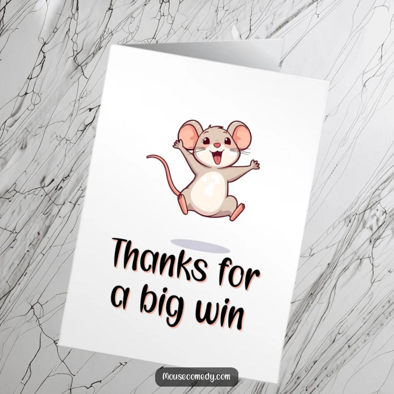 Funny Free Printable Thank You Card: A tiny mouse leaping joyfully, its tail held high in a celebratory pose.