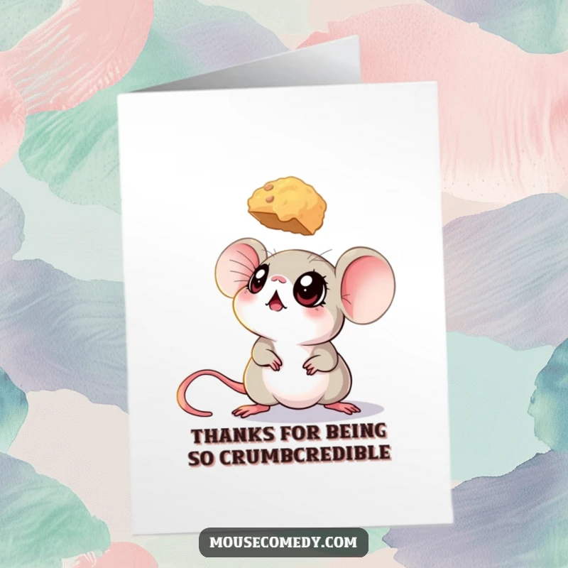 Funny Free Printable Thank You Card: A mouse with large, expressive eyes looks up at a crumb, thankful for gifts.