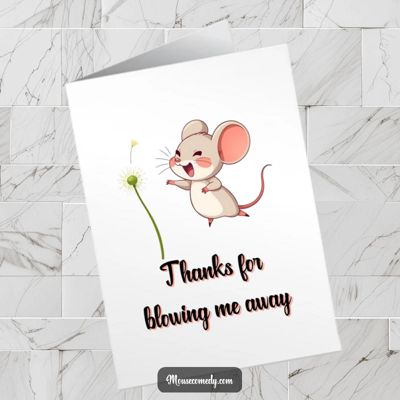 Funny Free Printable Thank You Card: A joyful mouse leaping to catch a floating dandelion seed, expressing thanks.